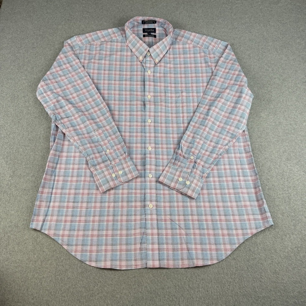 Viyella Stretch Plaid Button Down Shirt Men's XL Cotton Blue Pink Long Sleeve